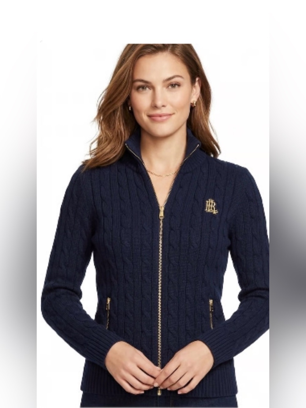 Polo Ralph Lauren Women's Full Zip Cable Knit Crest Sweater Navy Sz XS